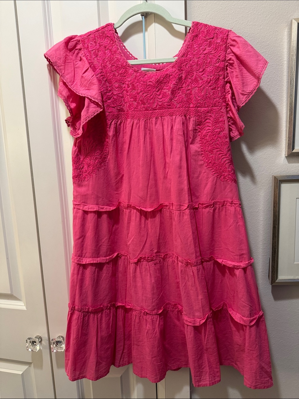 J. Marie Bright Pink Tiered Embroidered Casual Dress